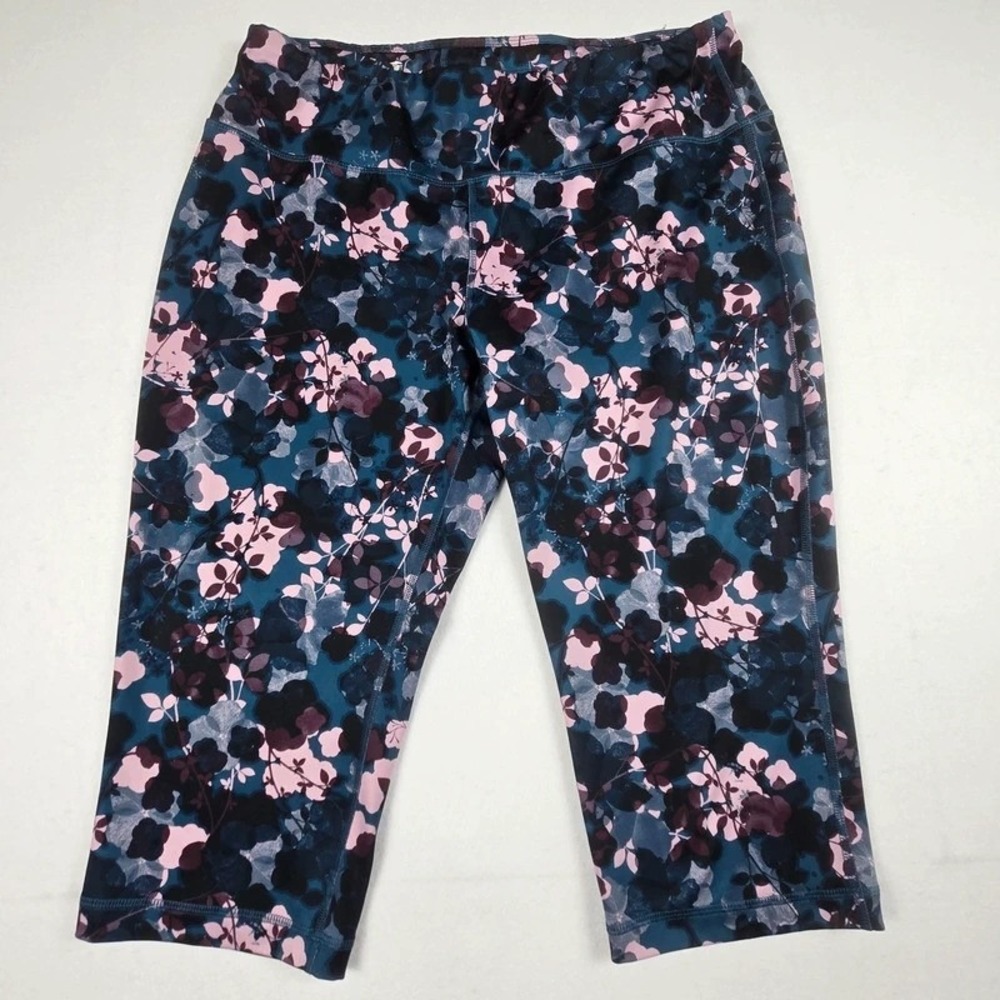 Avia Floral Capri Leggings Womens XL Teal Pink Black Athletic Yoga Pants Crop